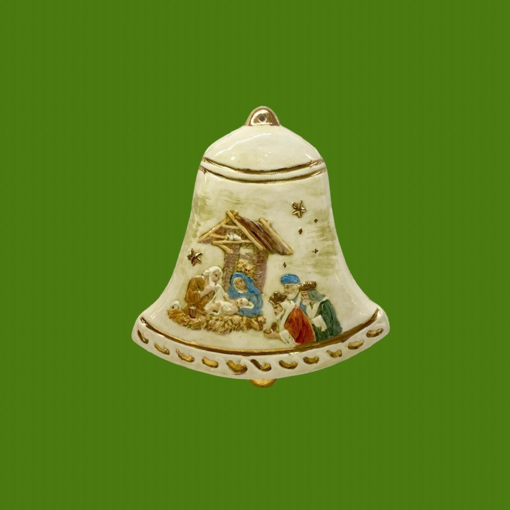 Vintage Ceramic Nativity Bell Wall Hanging, Retro Christmas Decor (11")